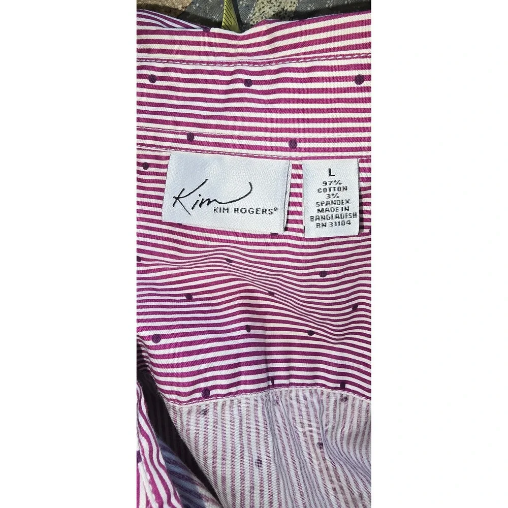 Kim Rogers Wmns Striped Dot Button Up 3/4 Sleeve L red white blue patriotic